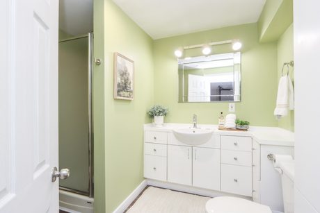 Lower-level bathroom with white vanity
